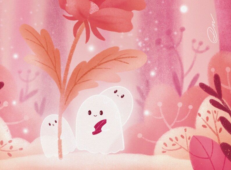 Puede incluir: Ilustraci&oacute;n caprichosa con tres fantasmas amigables y brillantes en un bosque rosa. Los fantasmas tienen caras sonrientes y est&aacute;n rodeados de flores y follaje estilizados en tonos rosa y melocot&oacute;n. La obra tiene una cualidad suave y on&iacute;rica.