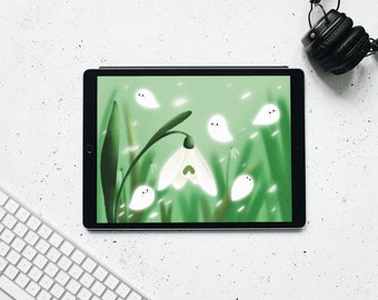 Lindo fantasma y flor de campanilla de invierno como fondo de pantalla para iPad, pantalla de bloqueo de Halloween (descarga digital)