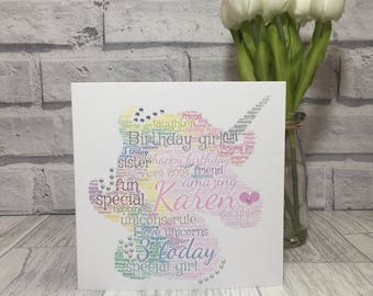 Unicorn greeting card, rainbow colours, word art, personalised and unique, special little girl, special gift, greeting card