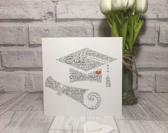 Graduation greeting card, congratulations card, mortarboard and script, University degree, college course, personalised word art