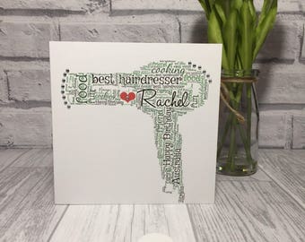 Hairdressser thank you card, birthday card for hairdresser, Mother&#39;s Day, word art, personalised and unique