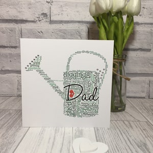 Watering can greeting card, personalised word art, gardeners birthday card