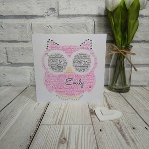 Carte hibou, carte de vœux, hibou rose personnalisé, carte d’anniversaire word art