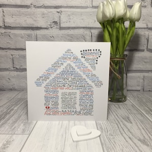 Novo cartão de casa, cartão de boas-vindas, Word Art, personalizado com todas as próprias palavras, decorado com diamantes, nas cores de sua escolha