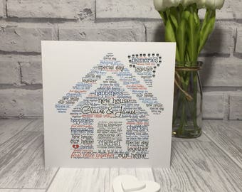 New Home Card, Welcome Card, Word Art, Personalised With All Own Words, Decorated with Diamantes, In Colours of your Choice