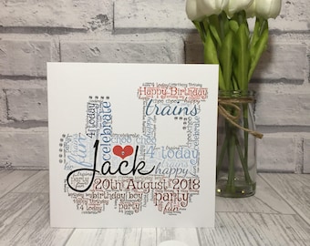 Train birthday card, train enthusiast, greeting card, special occasion, word art, keepsake gift, unique card, choo choo, personalised