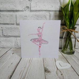 Tarjeta de felicitación de bailarina, tarjeta de cumpleaños de bailarina, tarjeta de cumpleaños en punta, saludo de cumpleaños de niña, arte de palabras de ballet, cumpleaños personalizado