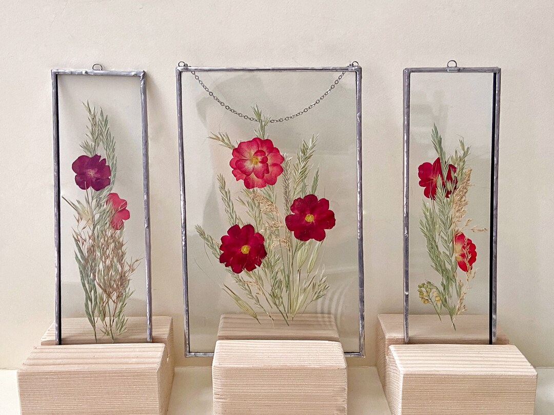 Set of Stained Glass Panels With Pressed Flowers in Double Glass Frame