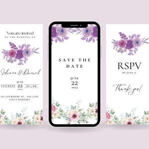 Può includere: Un set di inviti di nozze digitali con composizioni floreali ad acquerello viola e rosa. I design includono testo come You are invited, Juliana & Daniel, Save the Date, June 22, 2023, RSVP by June 16 e Thank you su uno schermo di smartphone.