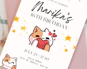 Invito Gatti Kawaii Compleanno Stampabile Digitale Personalizzato Birthday Invitation Card Whatsapp Instagram Gatti Carini