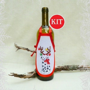 Christmas cross stitch kit, Christmas wine bottle apron, DIY, Blank bottle apron, Christmas dog decor, Dalmatian dog counted cross stitch