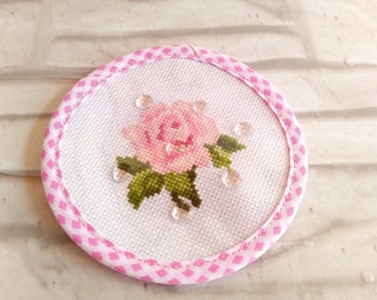 Pink rose coasters cross stitch, Pink flowers fabric doily, Embroidered table decor, Transparent vinyl coasters, Hand embroidered coasters