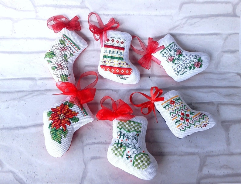 Set of 6 Christmas mini shops stockings ornament, Christmas cross stitch stocking, Finished cross stitch hanging decorations, Christmas tree decor