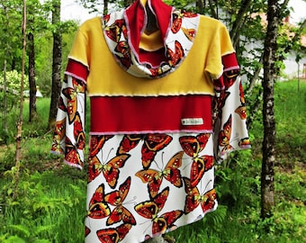 Robe enfant à col modulable, manches longues en patchwork de coton et jersey jaune, rouge et blanc!!!