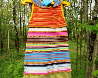 Child dress with pointy hood patchwork cotton and stretch recycled with multicolored stripes!