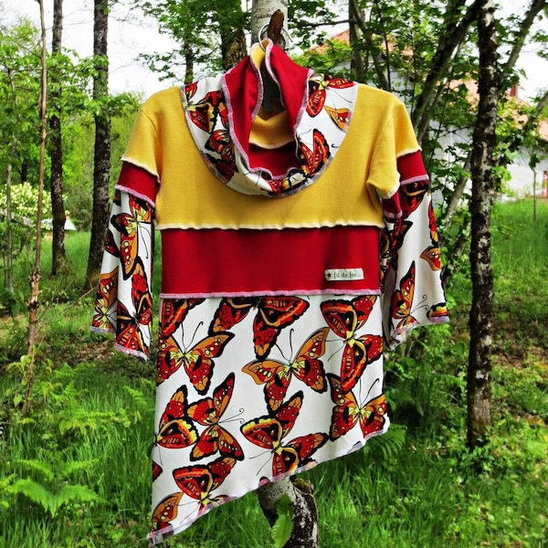 Robe enfant à col modulable, manches longues en patchwork de coton et jersey jaune, rouge et blanc!!!