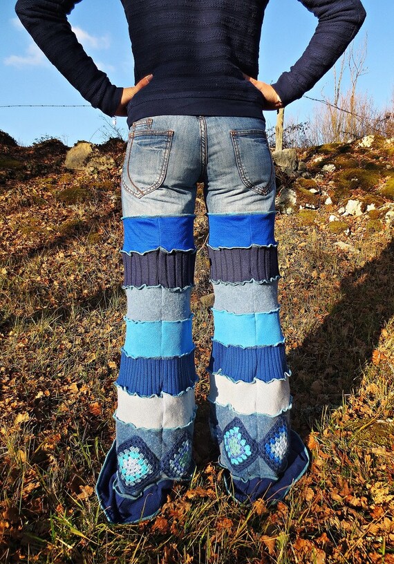 Pantalon d hiver a patte d elephant en jean crochet et patchwork de laine recyclee en nuances de bleu Etsy Canada