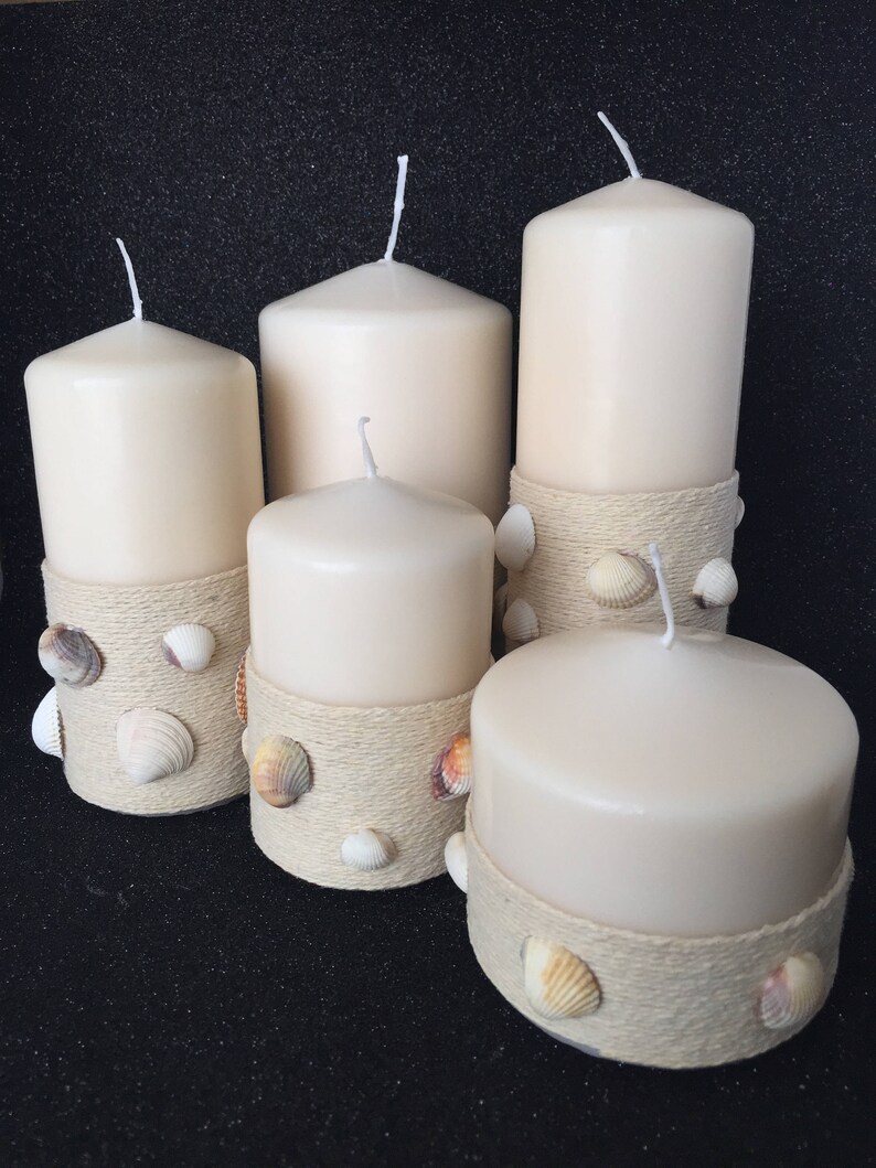 Candle set 'Seashell' decorated with jute string and shells image 1