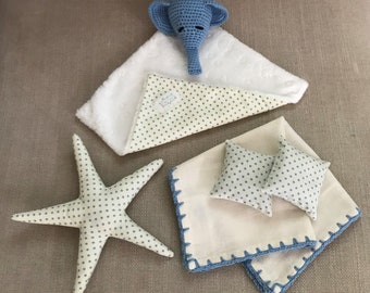 Baby toy/newborn gift set/baby shower/comforter/handmade/starfish/rattle/muslin/elephant