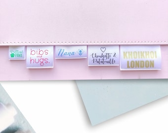 100 pcs Custom Made  Satin Fabric Clothing labels // Fold over wash care labels in different colors // sew-in personalized garment labels