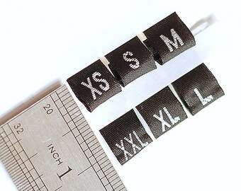 Set di 60 etichette per taglie in tessuto nero per vestiti XS S M L XL XXL