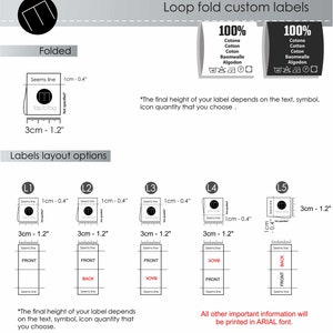 K&ouml;nnte beinhalten: Diagramm, das verschiedene Layout-Optionen f&uuml;r Loop-Fold-Etiketten zeigt. Die Etiketten sind 7,6 cm x 3 cm gro&szlig; und haben eine Nahtlinie von 1 cm. Die Etiketten k&ouml;nnen gefaltet werden, um verschiedene Seiten zu zeigen, wie z. B. Vorder- und R&uuml;ckseite. Der Text "100% Cotone Cotton Coton Baomwalle Algodon" ist auf den Etiketten abgebildet.