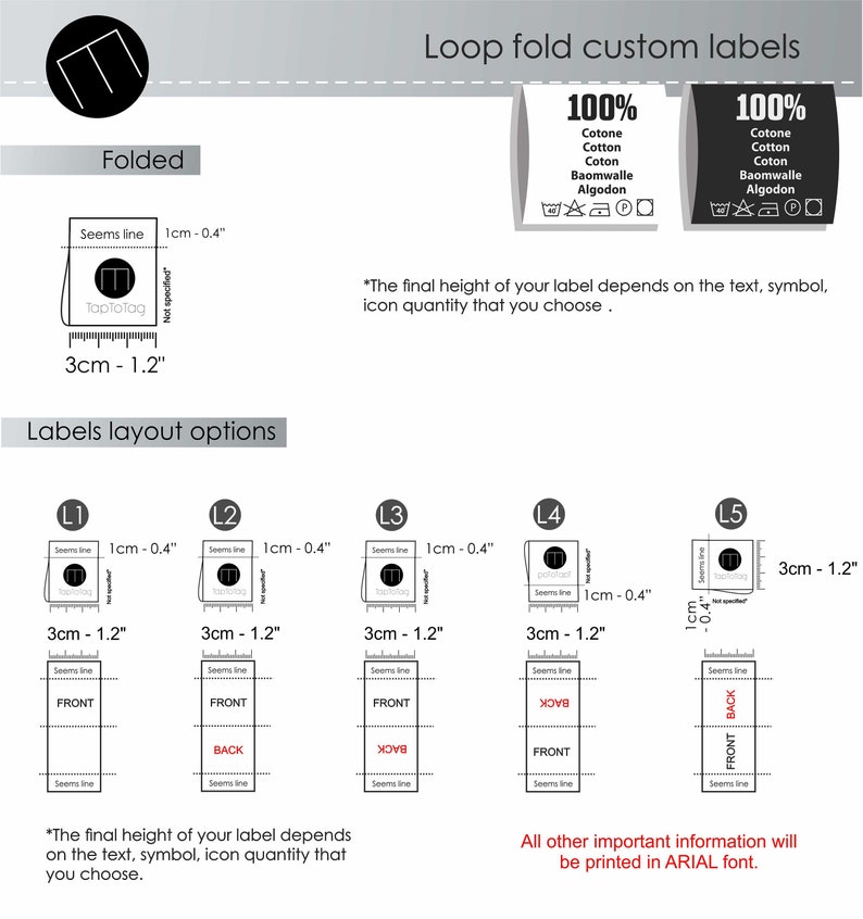 K&ouml;nnte beinhalten: Diagramm, das verschiedene Layout-Optionen f&uuml;r Loop-Fold-Etiketten zeigt. Die Etiketten sind 7,6 cm x 3 cm gro&szlig; und haben eine Nahtlinie von 1 cm. Die Etiketten k&ouml;nnen gefaltet werden, um verschiedene Seiten zu zeigen, wie z. B. Vorder- und R&uuml;ckseite. Der Text "100% Cotone Cotton Coton Baomwalle Algodon" ist auf den Etiketten abgebildet.