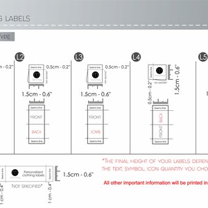 May include: Diagram showing six clothing label designs with measurements in centimetres and inches. The labels are rectangular, with text indicating "FRONT" or "BACK". The text "CLOTHING LABELS" is at the top. The text "THE FINAL HEIGHT OF YOUR LABELS DEPENDS OF THE TEXT, SYMBOL, ICON QUANTITY YOU CHOOSE" is also included.