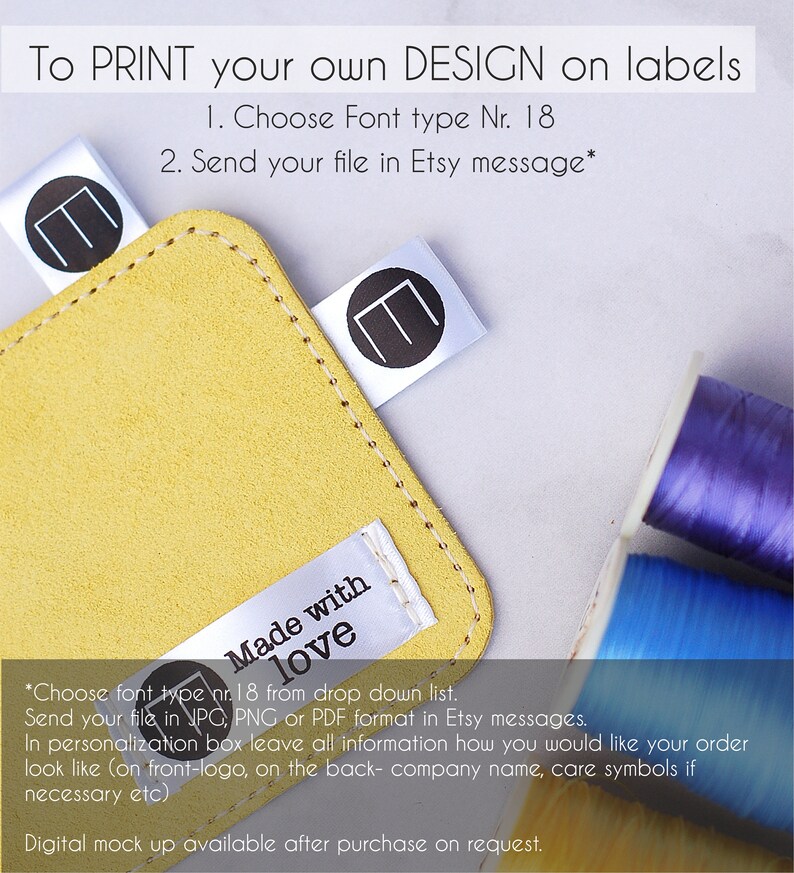 May include: A close-up of a yellow suede-like material with white labels. The labels have a black letter "E" inside a circle and the words "Made with love". Text at the top says "To PRINT your own DESIGN on labels".