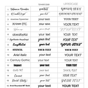 K&ouml;nnte beinhalten: Eine Tabelle mit 18 verschiedenen Schriftarten, die die Klein- und Gro&szlig;buchstabenversionen jeder Schriftart zeigt. Die Schriftartnamen sind auf der linken Seite der Tabelle aufgef&uuml;hrt, und der Text "your text" wird in jeder Schriftart auf der rechten Seite der Tabelle angezeigt.