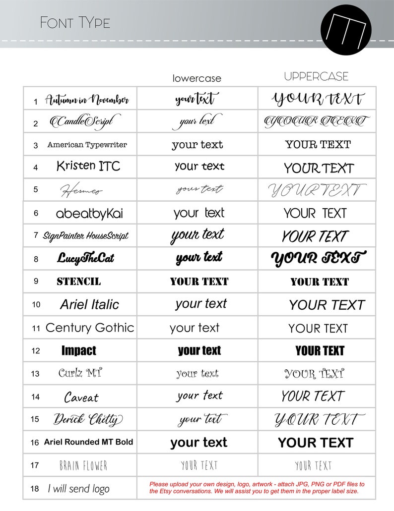 K&ouml;nnte beinhalten: Eine Tabelle mit 18 verschiedenen Schriftarten, die die Klein- und Gro&szlig;buchstabenversionen jeder Schriftart zeigt. Die Schriftartnamen sind auf der linken Seite der Tabelle aufgef&uuml;hrt, und der Text "your text" wird in jeder Schriftart auf der rechten Seite der Tabelle angezeigt.