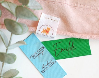25 Custom Hem Labels Full Color fold over / inseam / flat sew on / side fold / 1" ribbon