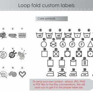 May include: A graphic showing "Loop fold custom labels" with addition and care symbols. Addition symbols include yarn, hearts, and sewing tools. Care symbols show washing, drying, and ironing instructions.