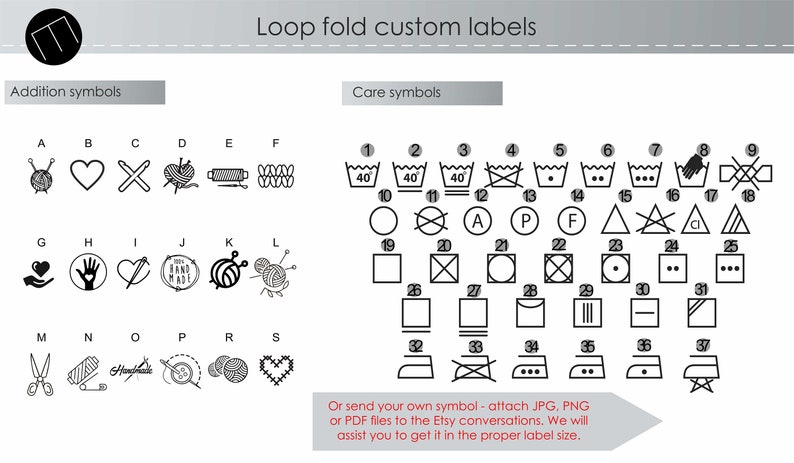 May include: A graphic showing "Loop fold custom labels" with addition and care symbols. Addition symbols include yarn, hearts, and sewing tools. Care symbols show washing, drying, and ironing instructions.