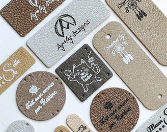 Etiquetas de piel de cabra auténtica, etiquetas personalizadas con opciones de fuente y color.