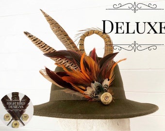 Bespoke Deluxe Pheasant Game Feather Brooch Hat Pin with Shotgun cartridge.