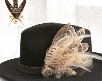 Bespoke Medium Deluxe size Pheasant Game Feather Brooch Hat Pin with Shotgun cartridge