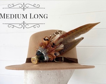 Bespoke Medium Long size Pheasant Game Feather Brooch Hat Pin with Shotgun cartridge