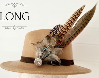 Bespoke Long size Pheasant Game Feather Brooch Hat Pin with Shotgun cartridge