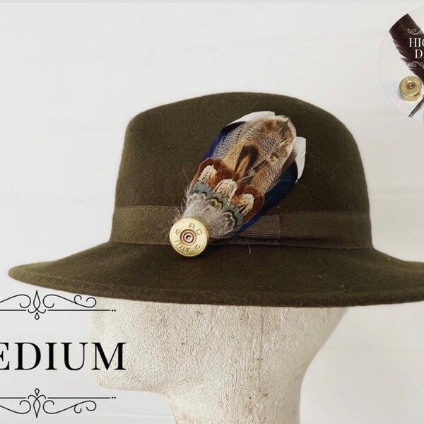 Bespoke Medium size Pheasant Game Feather Brooch Hat Pin with Shotgun cartridge