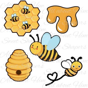 May include: A set of bee-themed clipart images, including a honeycomb with three bees, a beehive, a dripping honey pot, a bee with wings, and a bee with a heart-shaped tail.