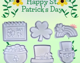 St. Patrick's Day Cookie Cutters en postzegels: klaver, pot met goud, regenboog, 17 maart, hoed, leprachon