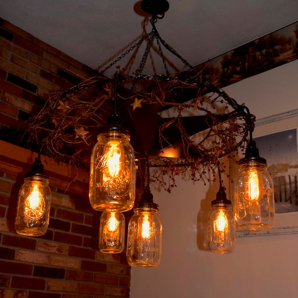 Wagon Wheel Chandelier, Mason Jar Chandelier, Country Star Chandelier