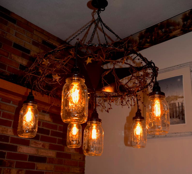 Wagon Wheel Chandelier Mason Jar Chandelier Country Star Etsy