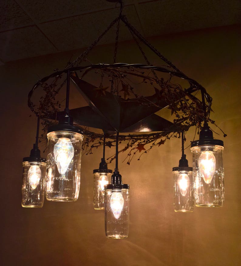 Wagon Wheel Chandelier Mason Jar Chandelier Country Star Etsy