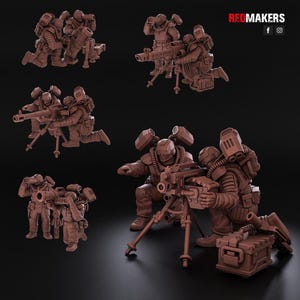 May include: Multiple brown miniature figures of soldiers in combat gear, some kneeling and operating heavy weapons. The figures have helmets, backpacks, and protective gear. The Redmakers logo is in the top right corner.