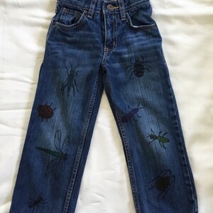 Jeans recycled hand painted with cute drawings of bugs  denim  Sz 4 yrs  boys with adjustable waist jeans.