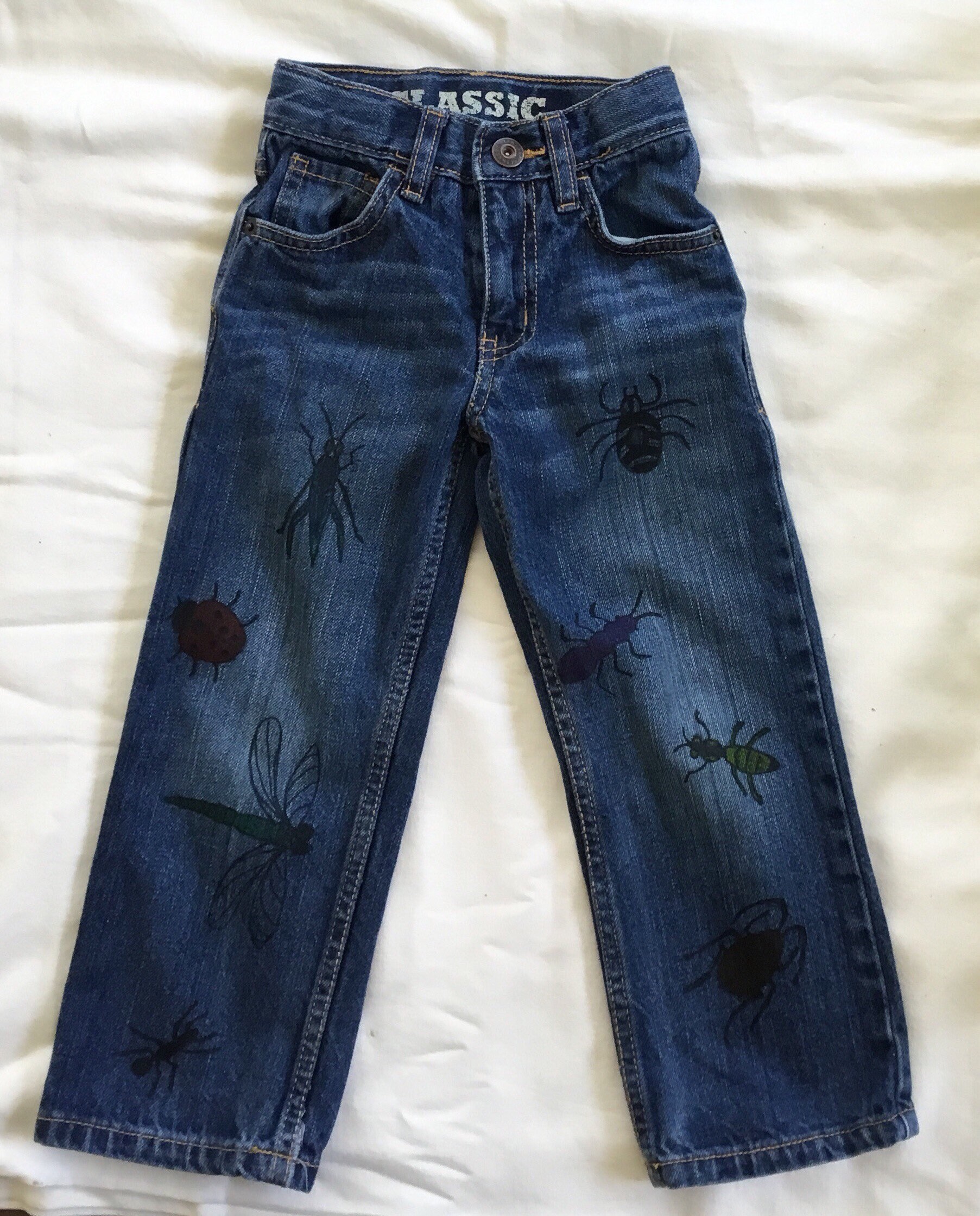 その他 handmade! Jeans Recycled Hand Painted With Cute Drawings of Bugs Denim Sz 4