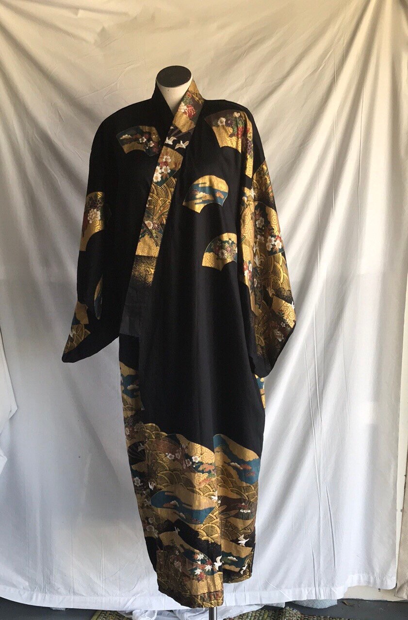 black and gold kimono dress Black Gold Kimono Robe for Men, Long Satin Dressing Gown, Luxury Gift for Husband Boyfriend, Bali Kimono Robe with Pockets