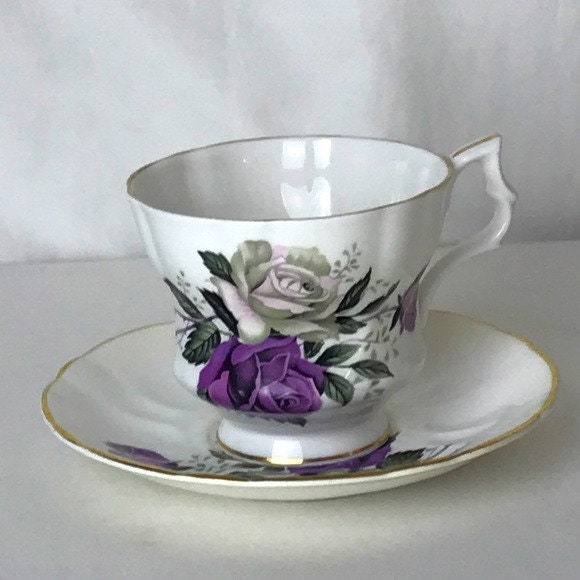 Vintage Windsor Bone China Purple/ White Roses Floral Cup and